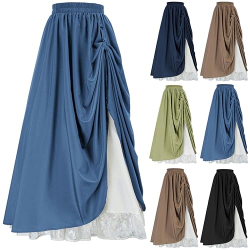 Renaissance Skirt for Women Double Layered Maxi Long Skirt Medieval Ruffle Lace Trim Victorian Peasant Skirts3
