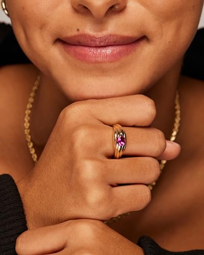 PAVOI 14K Yellow Gold Plated Chunky Colored Gemstones Statement Ring for Women | Pear Cubic Zirconia Stackable Wave Texture Bands | Green CZ Ring (Size 7) - Image 2