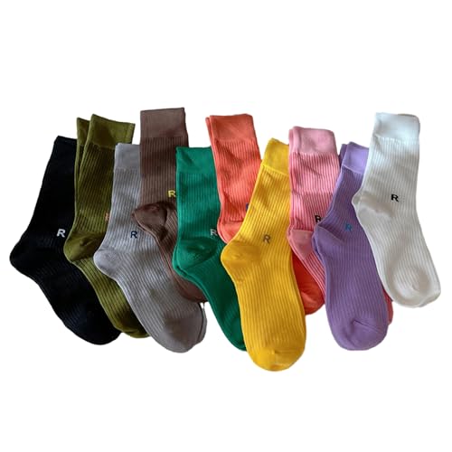 6 pairs - Korean-style girls' spring and summer mid-tube socks, outerwear sports R letter socks