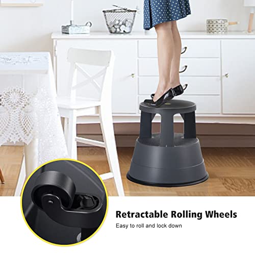 Ldaily Rolling Step Stool, Kick Step Stool, Holds Up To 330 Lbs, Round Scooter Stool W/Movable Wheels, Ideal For Kids Or Adults Gray #TOP2