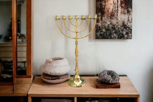 Giant Temple Menorah 7 Seven - Branch | 32-Inch (81cm) Solid Brass Candelabra | Large Gold Jewish Menora for Candles & Oil Cups - Thumbnail 3