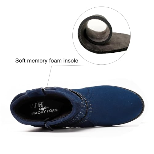 Women's Mid Calf Boots,Round Toe Comfort Low Heel Slouchy Dress zip booties with Jeweled strap3