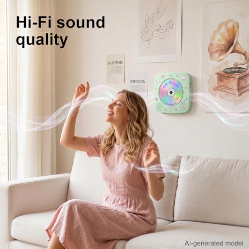 Image of Gueray Portable CD Player Bluetooth: CD Players for Home Rechargeable Desktop Wall Portable CD Player with Bluetooth & Dual Speakers 1800mAh Boombox FM Radio MP3 Music Player (Green)