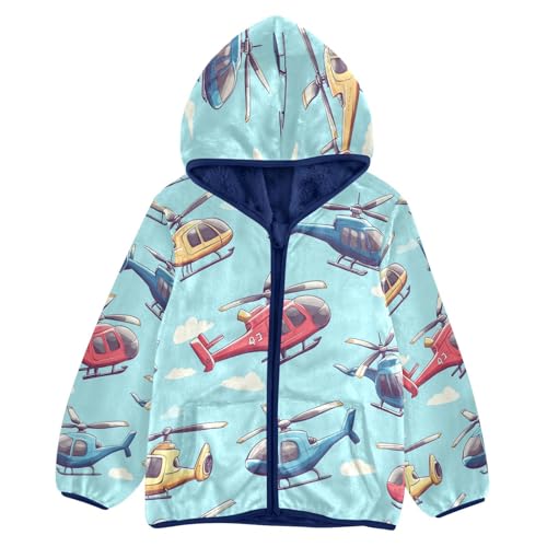 Helicopter Pattern Print Toddler Fleece Jacket Girl Boys Hooded Fleece Jacket Coat Warm Outwear Zip-up 3-10T