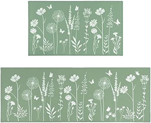 Sage Green Kitchen Mat Rug Set of 2- Plant Floral Butterfly Kitchen Rugs with Runner Kitchen Decor Accessories Things, Kitchen Rug Mat- Leaves Rugs for Home Kitchen Large- 17x30 and 17x48 Inch