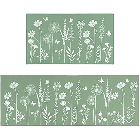 Sage Green Floral Kitchen Mat Set Cover