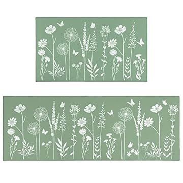 Sage Green Kitchen Mat Set of 2 - Plant Floral Butterfly Rugs with Runner, Leaves Rugs for Home - 17x30 and 17x47 Inch