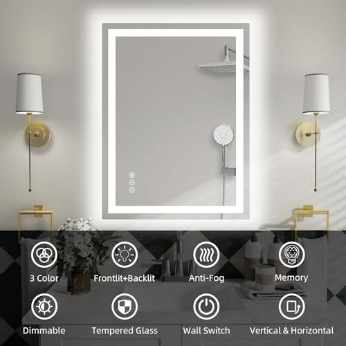 miskerm 32"x 24" LED Bathroom Mirror with Lights, Dimmable, Double Lights, Backlit + Front Lit, 3 Colors Led Mirror for Bathroom, Lighted Bathroom Vanity Mirror, Tempered Glass(Horizontal/Vertical) by miskerm - Image 6