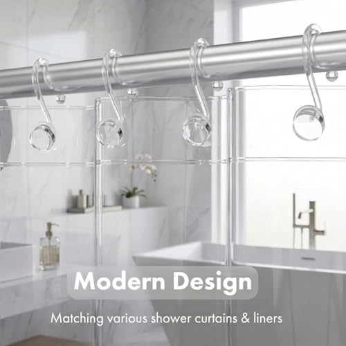 Bathway Clear Shower Curtain Rings, Plastic Shower Curtain Hooks, Bathroom Curtain Hooks, Modern Decorative Shower Curtain Hangers Set of 12, Rounded-Tail Design