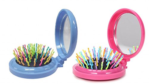 LOUISE MAELYS 2pcs Mix Color Round Folding Pocket Hair Brush Mini Pop-up Hair Comb with Makeup Mirror Rainbow Bristles