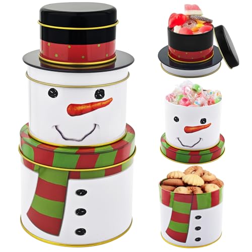 TaimeiMao 3 tarros de galletas de Navidad, 3 en 1, muñeco de nieve, galletas, metal, 3 niveles, latas de almacenamiento para dulces, chocolates, galletas para invierno, Adviento y Navidad
