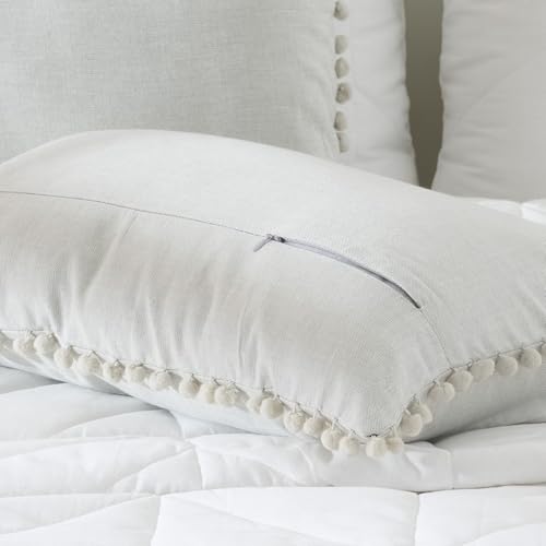 Image of 100% Cotton Pom Pom Cushion Without Filler, Elegant & Modern Cushion Cover for Living Room, Rectangle, 12 inchx20 inch, uni Chambray, Set of 5 - L.Gray