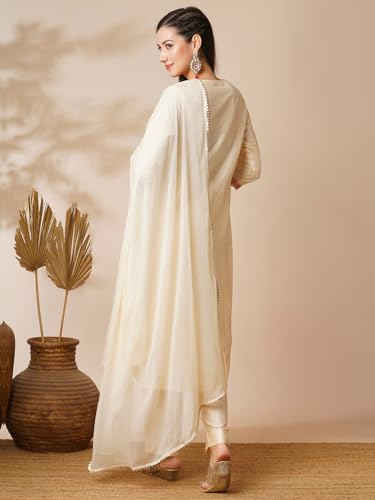 Image of Globus Women Ivory Floral Print A-Line Kurta Set With Trouser-3638388001