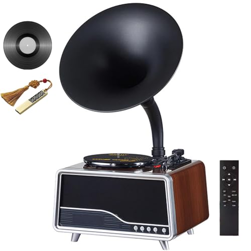Tocadiscos de gramófono vintage - Fonógrafo Bluetooth con control remoto, USB, FM y AUX. Reproductor de discos de vinilo nostálgico para los amantes de la música
