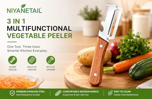 Image of 1 Pack Multifunctional Vegetable Peeler for Kitchen 3 in 1 Stainless Steel Fruit & Vegetable Peeler with Wooden Handle, Built-in Grater & Bottle Opener for Potato, Carrot, Apple & Cucumber