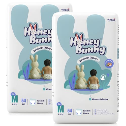 Image of Honey Bunny Premium Diaper pant | Medium Size | 54 Pack | Ultra thin | Cottony Super Soft | Super Fast Absorption | -shea butter | 7-12 Kg | Pack of 2