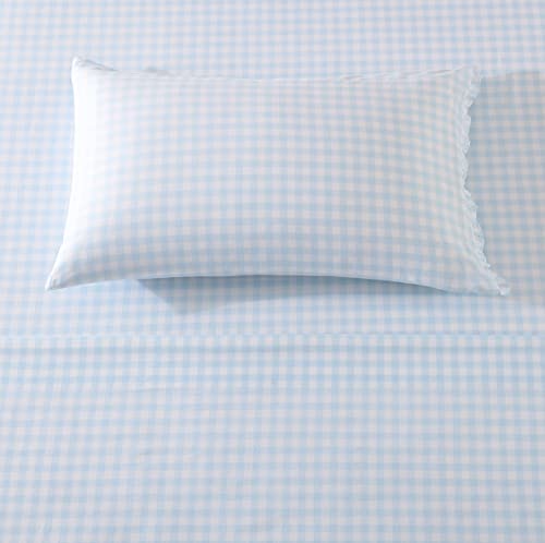 Shabby Chic® - King Sheets, Soft & Breathable Organic Cotton Bedding Set, Classic Style Home Decor With Ruffled Pillowcases (Gingham Blue, King) #TOP1