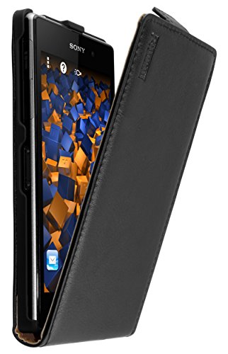 mumbi Premium Funda con Tapa de Cuero Real Compatible con Sony Xperia Z1, Negro