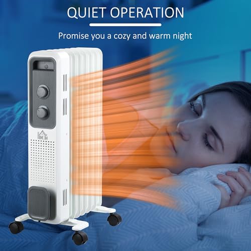 HOMCOM 1500W Oil Filled Radiator, Portable Electric Heater with 3 Heat Settings, Safety Cut-Off and Wheels, White - Image 4