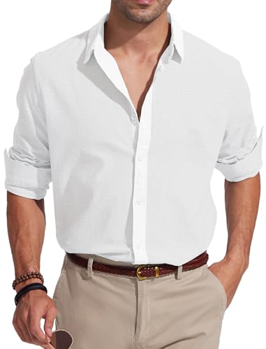 Friptspyg Chemise en Lin Hommes Manches Longues Coton en Lin Chemise D'été de Plage Regular Fit Chemises de Loisirs, Blanc L