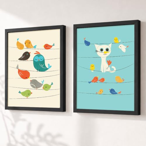 Image of PAINTINGMANTRA Birds & Cat Cartoon Wall Art Painting for Kids Room, Animal Framed Painting for Living Room, Playroom, kids room decoration items, Set of 2, 9x13 Inch