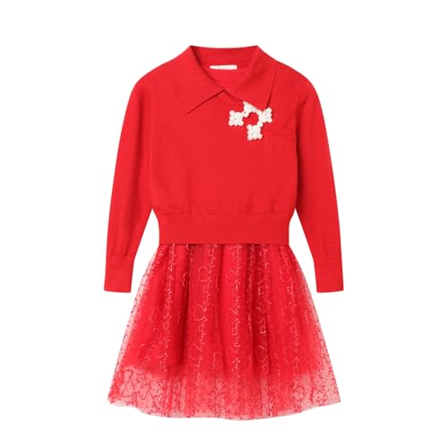 Conjunto de vestido de Año Nuevo para niñas suéter de punto rojo y falda de tul de dos piezas