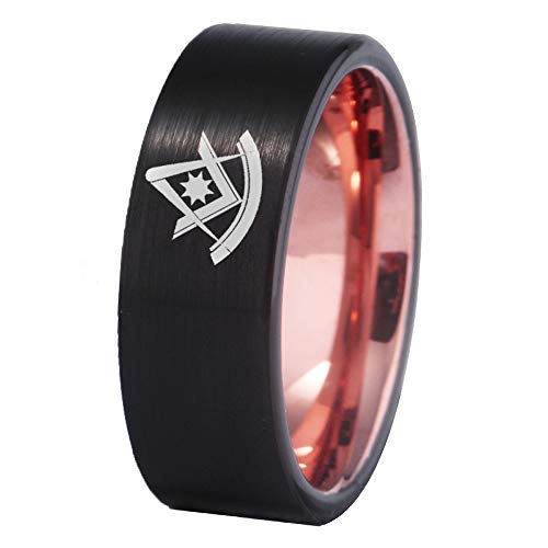 CLOUD DANCER Mason Past Master Symbol Design Rings 8mm Black Pipe Brushed and Rose Gold Tone Tungsten Carbide Wedding Ring-Free Customize Engraving