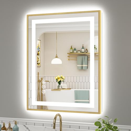 Image of 28x36 Inch LED Bathroom Mirror with Gold Frame, Backlit & Front Lit, Anti-Fog Lighted Bathroom Vanity Mirror for Wall, Memory Function, Dimmable, HD Tempered Glass, Shatter-Proof