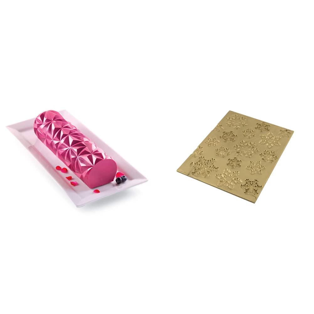 silikomart 25.074.63.0065 Kit Moule à bûche Diamant, Silicone, Blanc, 25 x 8 x 6,7 cm & 23.071.63.0065 Tapis et Feuilles de Cuisson, Silicone, doré, 25 x 18,5 x 0,6 cm