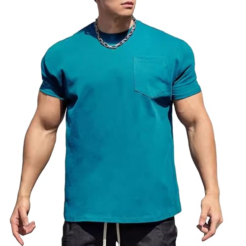 Men Classic Running Training Shirts Round Collar Chest Pocket Muscle T Shirt Summer Stretch Sport Pullover Tops (Lake Blue,3X-Large)