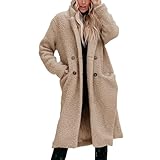 DMOYALA Oversized Fuzzy Fleece Coats for Women 2023 Trendy Double Breasted Faux Fur Jacket Long Open Front Cardigan Coat Shaggy Warm Winter Outerwear with Pockets Khaki XL