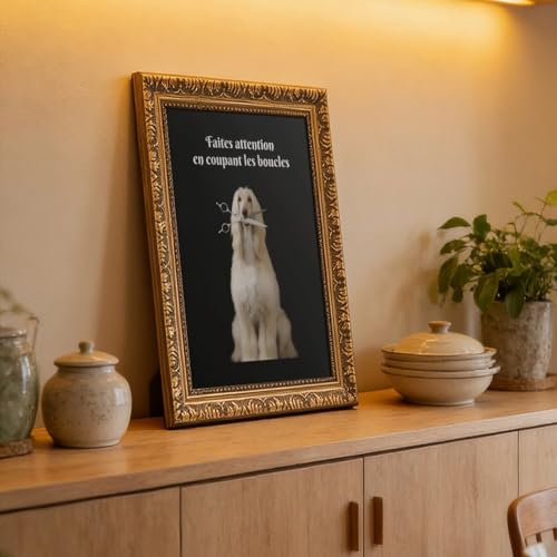 Toile drôle chien avec ciseaux : idée cadeau originale pour coiffeur et salon