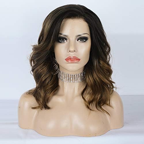 PINKSHOW Brown Lace Front Wigs Ombre Bob Short Curly Wig Dark Root Synthetic Hair Wigs for Women Half Hand Tied Heat Resistant Natural Looking Wigs 18 Inch (Black to Brown)