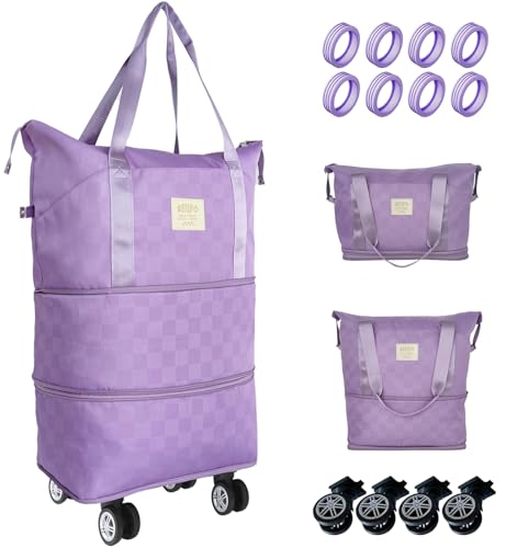 Rolling Duffle Bag with Wheels, 28-58L Expandable Foldable Travel Duffel Bag, Lightweight Carry-On Luggage for Gym, Camping, Weekend Trips, Business Travel, Duffel Bag for Women & Men(Purple)