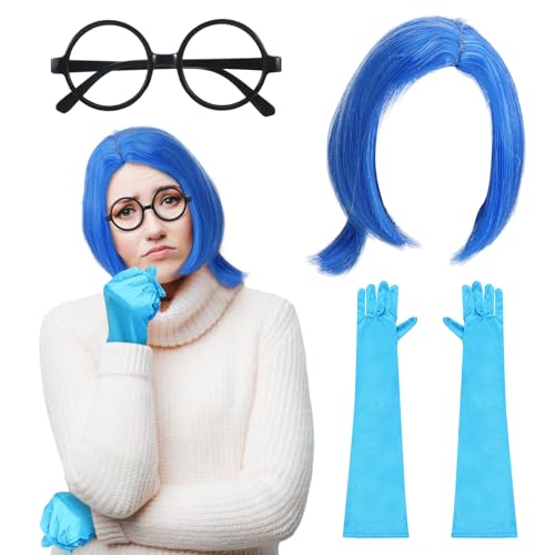 Croknit 3 Pcs Halloween Sadness Costume Set Include Sadness Wig Short Blue Wig with Wig Cap Black Round Frame Glasses Blue Long Satin Gloves for Women Halloween Cosplay Party