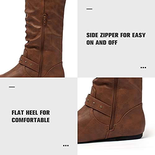 Katliu Women's Mid Calf Slouch Boots Zip Up Flat Boots With Buckle Brown #TOP2