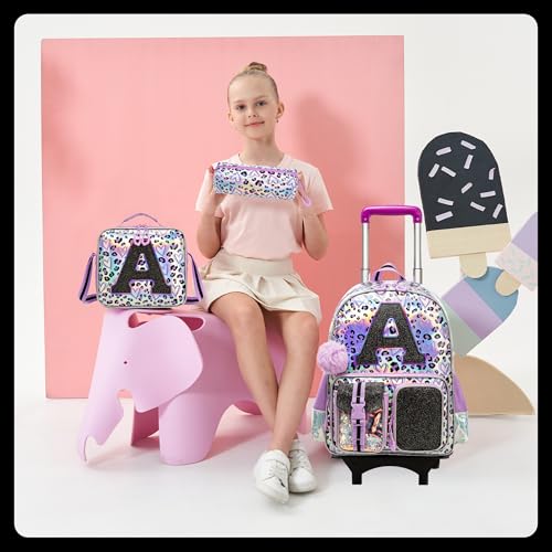 Image of HTgroce Kids Rolling Backpack for Girls Backpack with Wheels 3pcs Rolling Backpacks for Kids, 16.5 inch Roller Backpacks for Girls with Lunch Box Pencil Case
