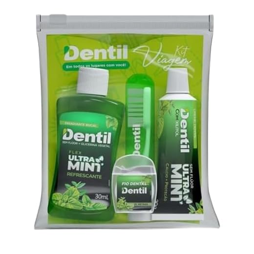 Dentil – Kit Viagem Ultra Mint Verde | Creme Dental 30g + Escova de Viagem + Fio Dental 25m + Enxaguante Bucal 30ml | Hálito Fresco e Proteção Contra Cáries