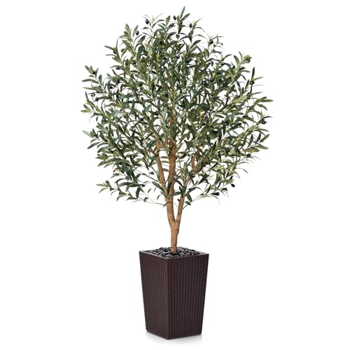 VeriNatural Artificial Olive Tree 150cm Fake Plant - Large Artificial Plants Indoor with Real Wood Trunk & Brown Pot with River Pebbles - Decorative Faux Tree for Home, Office & Outdoor, VN133
