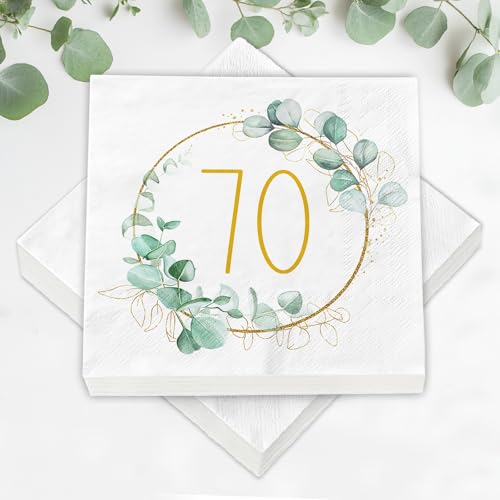 40 servilletas de 70 cumpleaños como decoración de mesa, servilletas eucalipto dorado verde para 70 años regalos hombre mujer