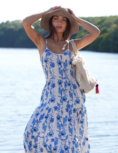 Image of Zeagoo Womens Summer Long Dress Adjustable Spaghetti Strap Floral Casual Dress with Pockets Flowy Tiered Beach Sundress