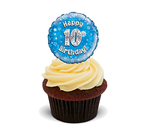 Made4You Adornos comestibles para Tartas con diseño de Happy 10th Birthday, Color Azul, Impreso Comestible, Pack de 24