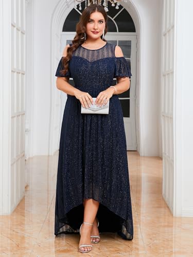 Image of ZOMVA Plus Size Sparkly Mesh Maxi Dress Cold Shoulder Ruffle Sleeve High Low A Line Dresses Wedding Guest Cocktail Party