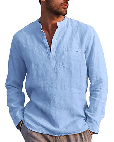 NANAMEEI Chemise en Lin Homme Chemise Col Mao Homme Eté Décontractée Casual Henley Shirt Manche Longue Bleu Clair XL
