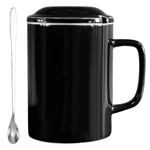 NIUKOMY Taza de Café Jumbo 1000 ml, Taza de Té Extragrande 1L, Mug Muy Grande XXL con Cuchara y Tapa de Cerámica para Oficina y Hogar, Negro