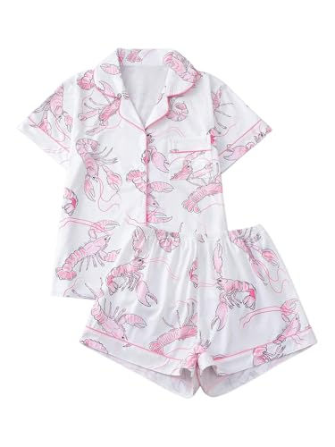 WDIRARA Women's Two Piece Animal Print Short Sleeve Button Shirt and Elastic Waist Shorts Pajama Set White and Pink Medium