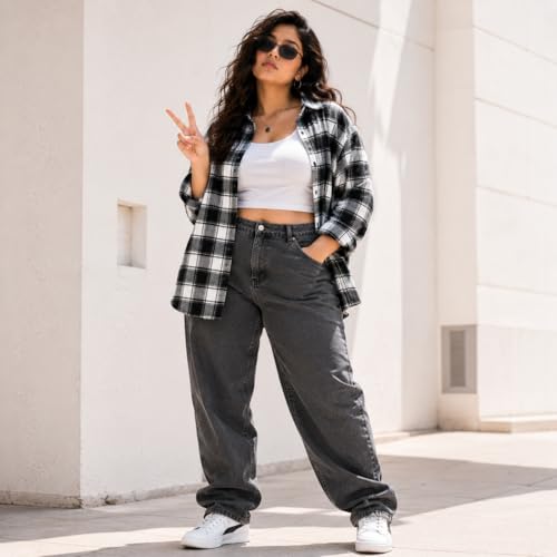 Image of Women's Casual Shirt, Cotton, Black and White Plaid