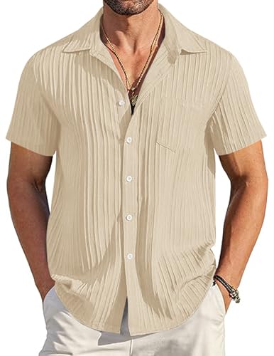 Image of EndoraDore Mens Button Down Shirts Summer Beach Shirt Casual Short Sleeve Loose Fit Textured Tops with Pocket Beige M