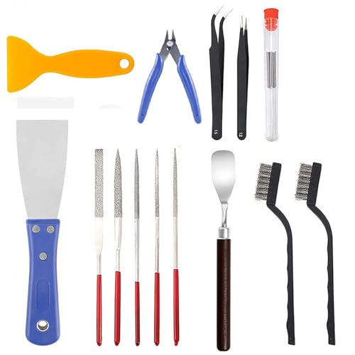 23 teiliges Reinigungs- und Entfernungswerkzeug für 3D-Druckerdüsen. Enthält Spatel, Drahtbürste, Diamantfeilen, Reinigung Nadeln und mehr. Ideal für die Wartung Ihres 3D Druckers
