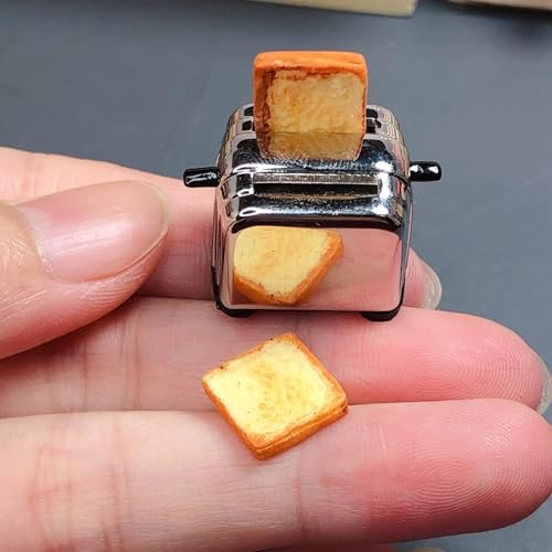 Dollhouse Miniature Silver Toaster with 2 Pieces of Toast, Dollhouse Kitchen Utensil Machine 1/12 Scale Bread Machine, for Dollhouse Kitchen Accessories